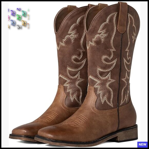 Shoes - Square Toe Mid Calf Cowboy Boots Embroidered Western Fashion Chunky Heel